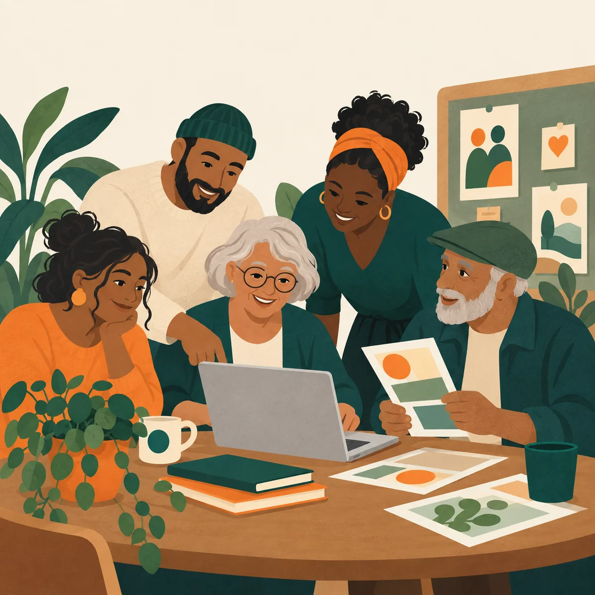 Illustration of people working together around a community table.